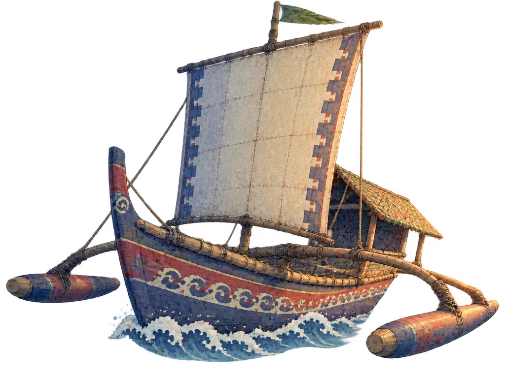 Perahu bercadik ganda dengan layar persegi dari panel tenun.